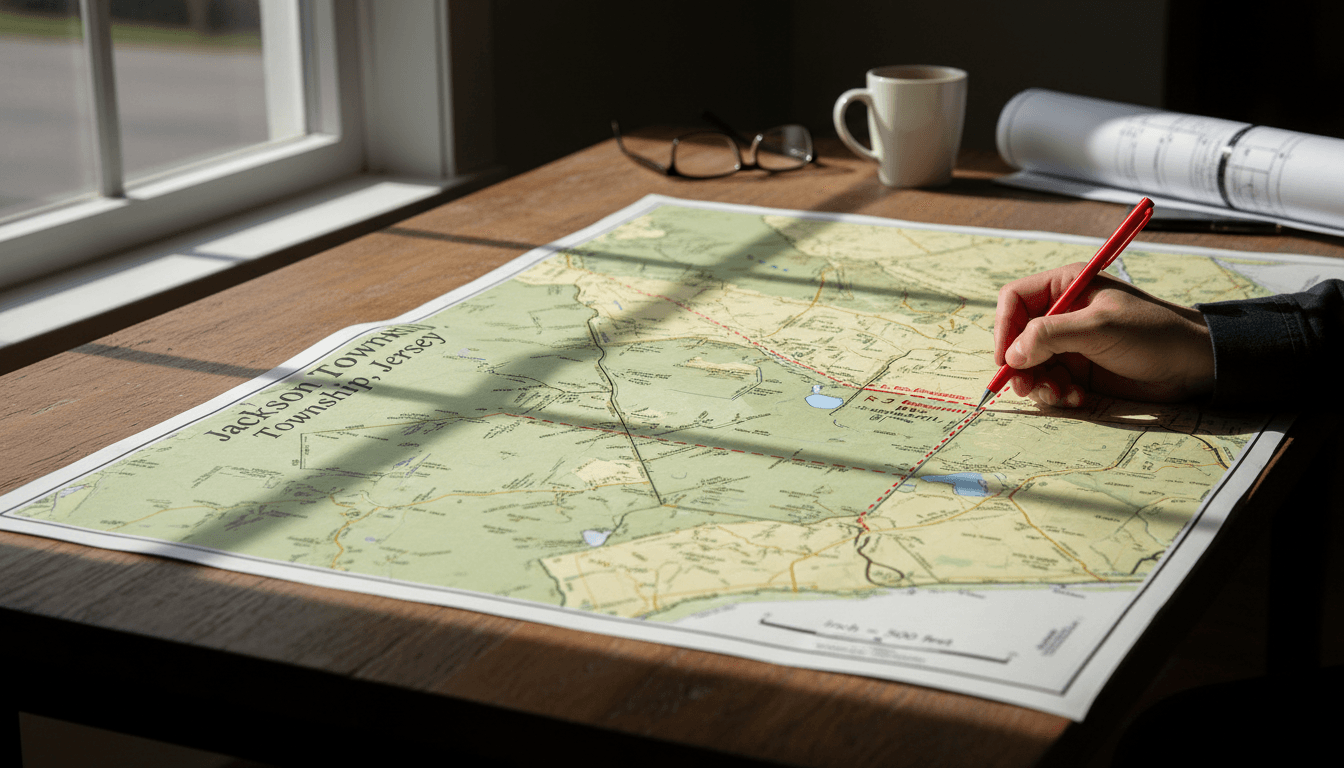 Zoning map with marked parcel boundaries on a desk