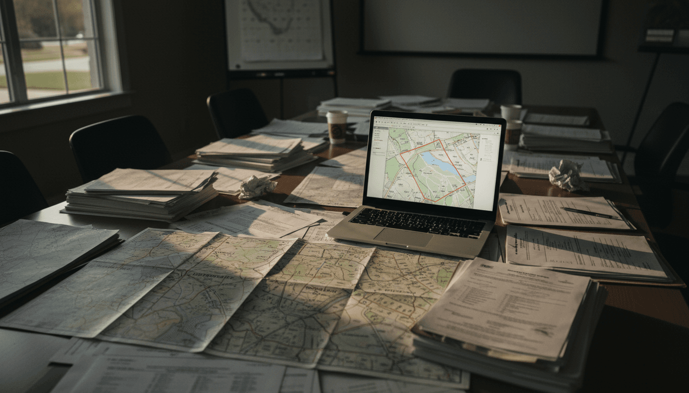 Zoning maps and property documents on a conference table