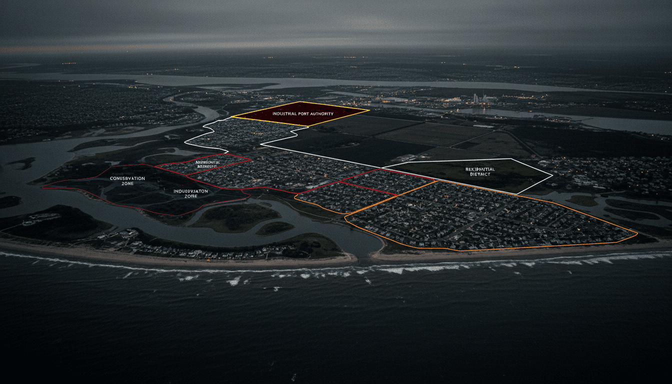 Aerial view of coastal New Jersey with zoning district boundaries