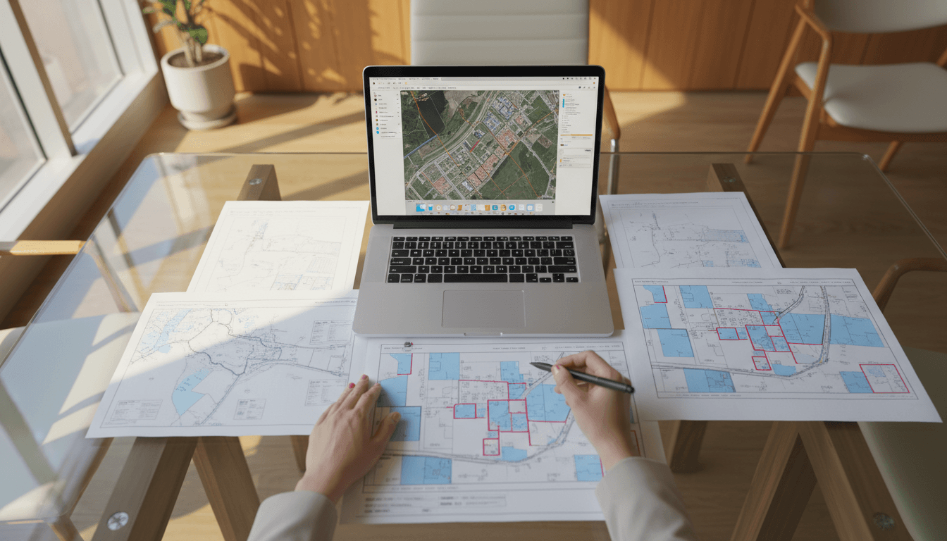 Aerial view of suburban land parcels and zoning maps spread across a desk, dimly lit, with street grids visible in the background