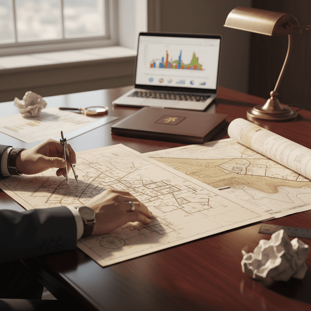 Real estate investor reviewing zoning maps and land-use documents at a desk